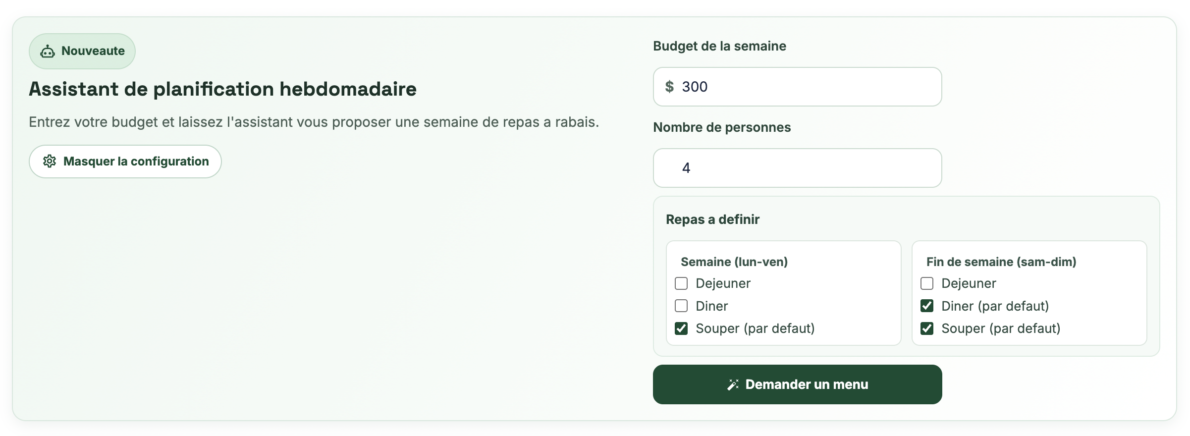 Aperçu de l'assistant de planification de menu de Recettes à Rabais