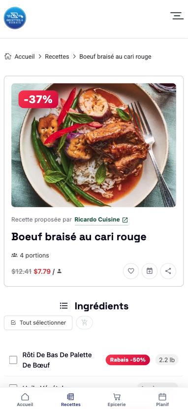Aperçu Recettes à rabais sur mobile
