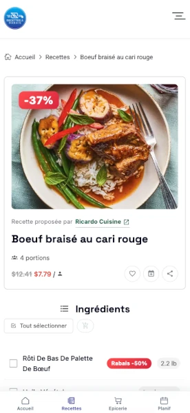 Aperçu Recettes à rabais sur mobile